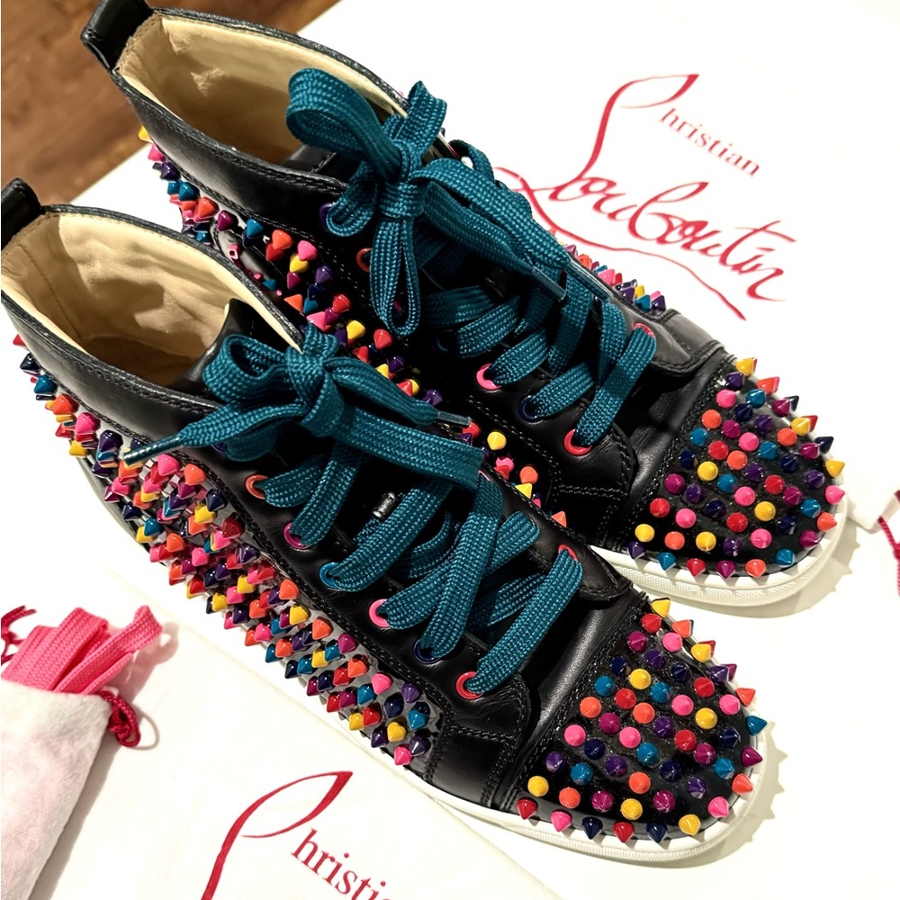Christian Louboutin Louis Spikes Calfskin High-Top Sneaker in Black Multi